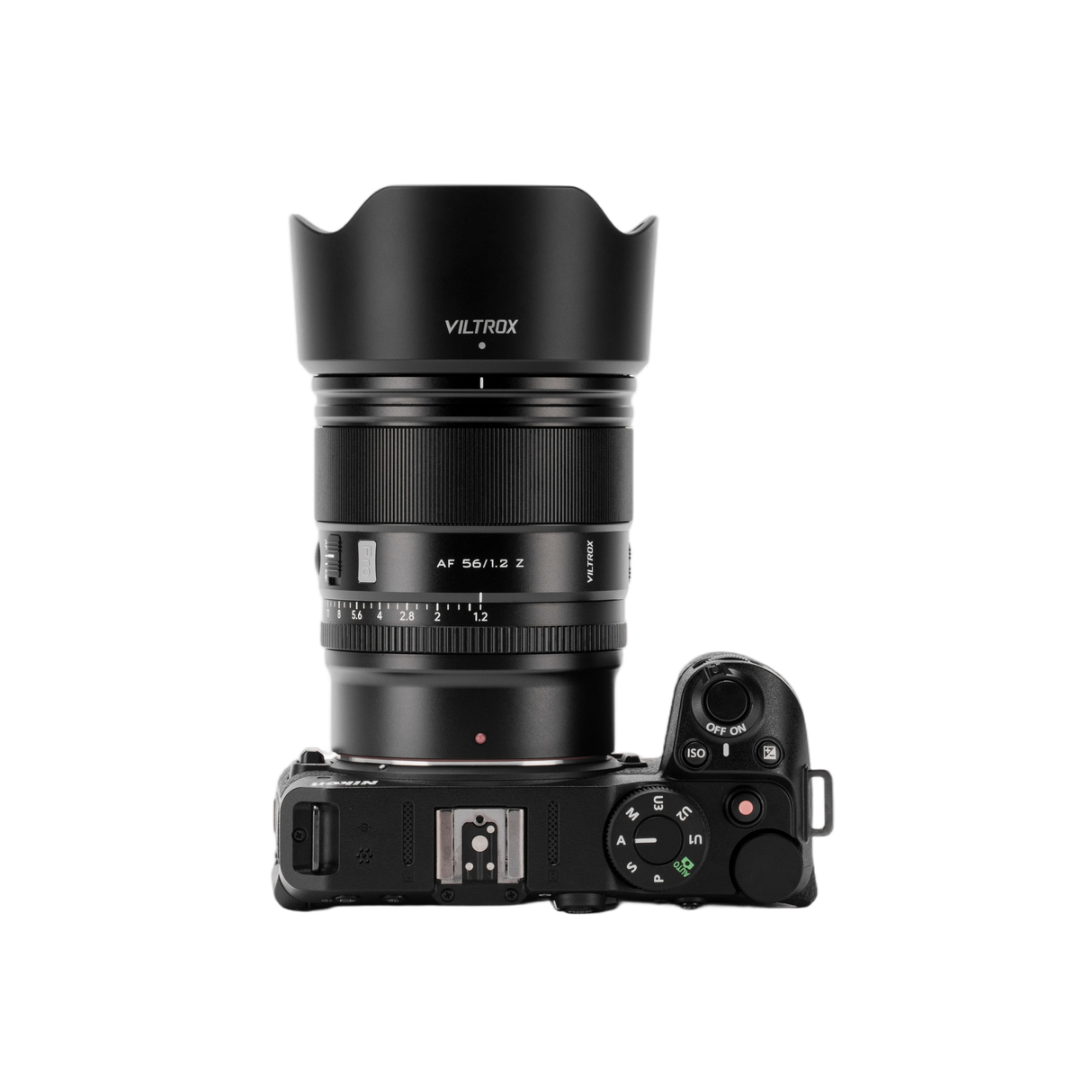 Schwarzes Viltrox Objektiv mit Gehäuse und Blende Ansicht von oben